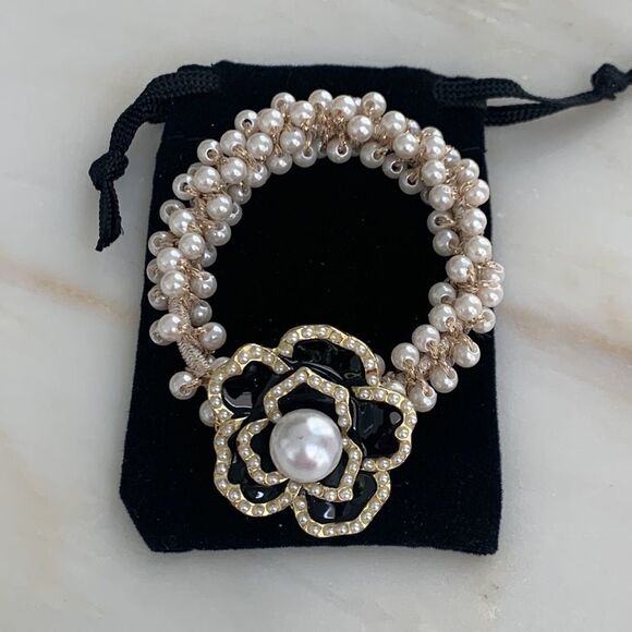 Camellia Flower Hair Tie with Faux Pearls – Black Enamel & Gold Tone Charm - Picture 1 of 8